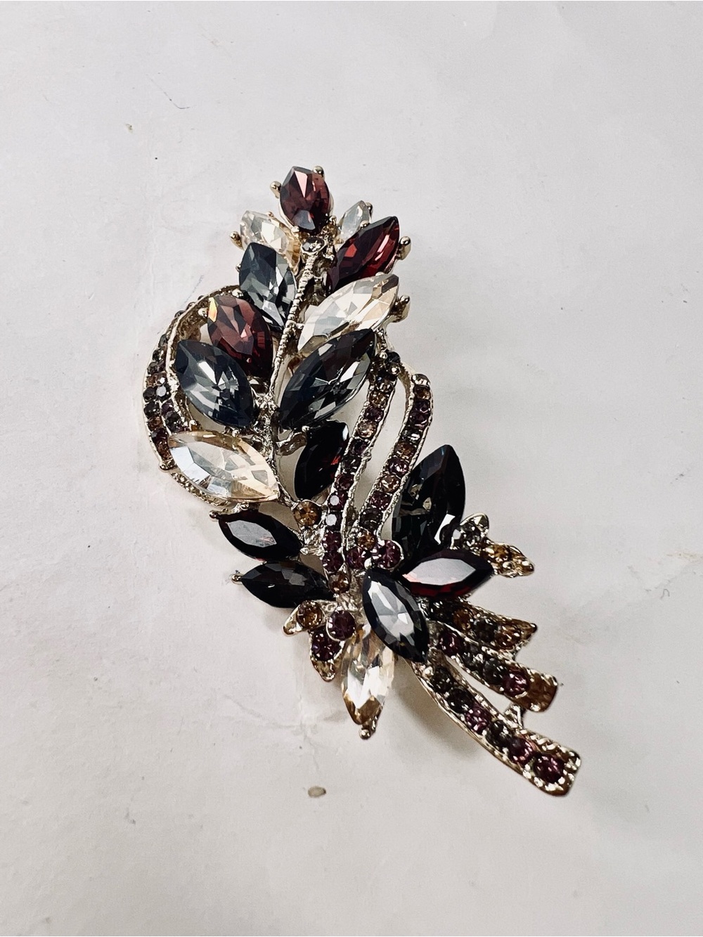 Vintage Statement Brooch Gold Tone Rhinestone Leaf Spray Burgundy Champagne